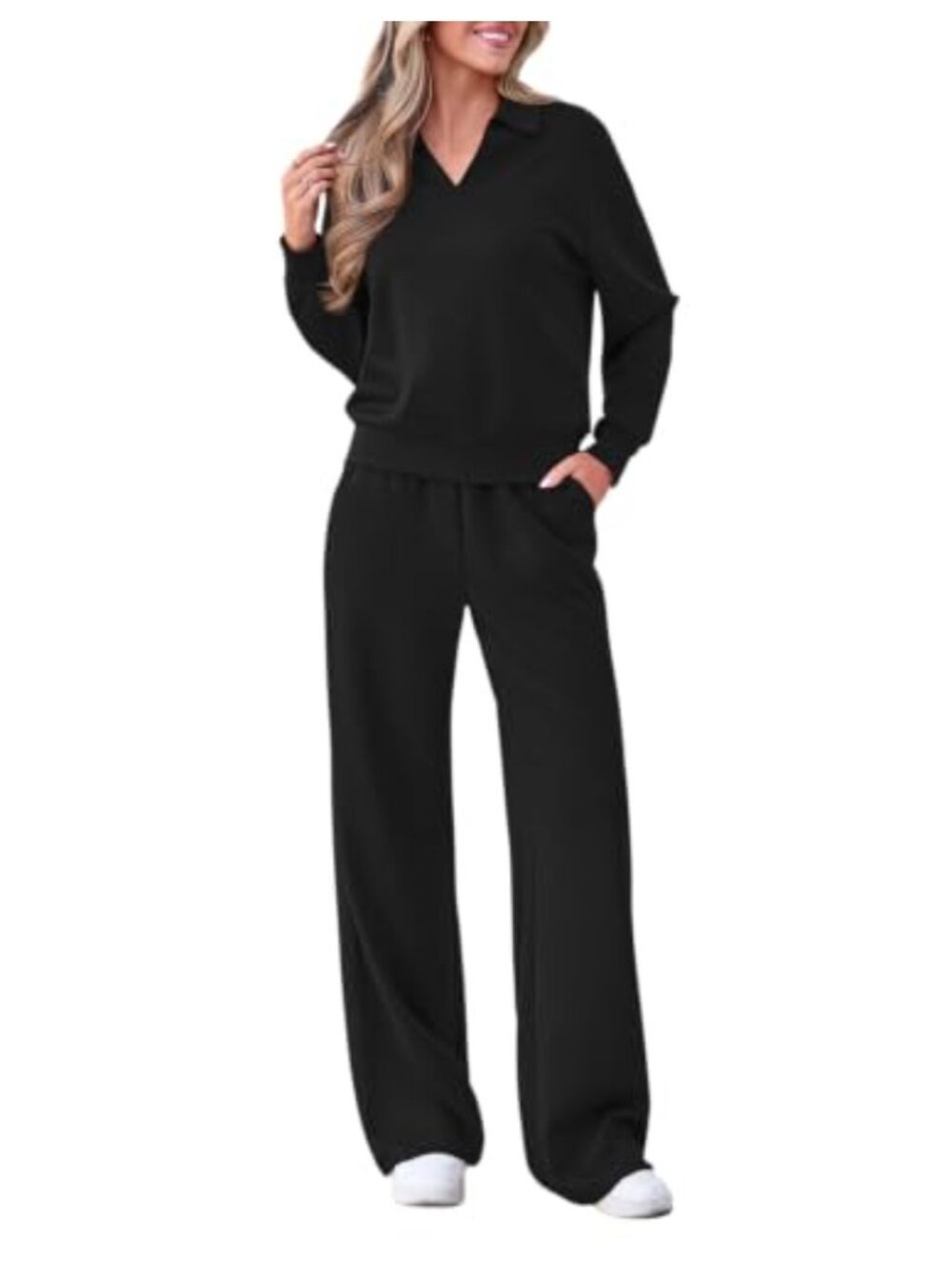 Womens 2 Piece Sweatsuit Set Polo Top Wide Leg Pants Lounge Tracksuit